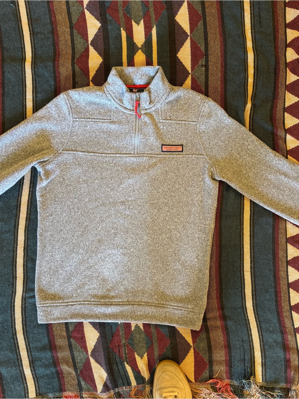 Vineyard Vines Men's Light Gray Quarter-Zip Pullover with red accents